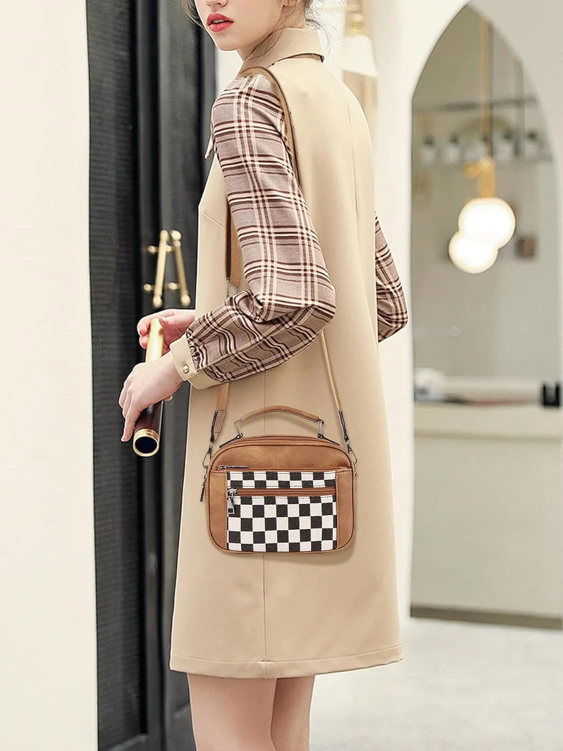 Lushandy Checkered Purse, Checkered Crossbody Bag with Top Handle Vintage Checkered Shoulder Bag Checkerboard Handbag