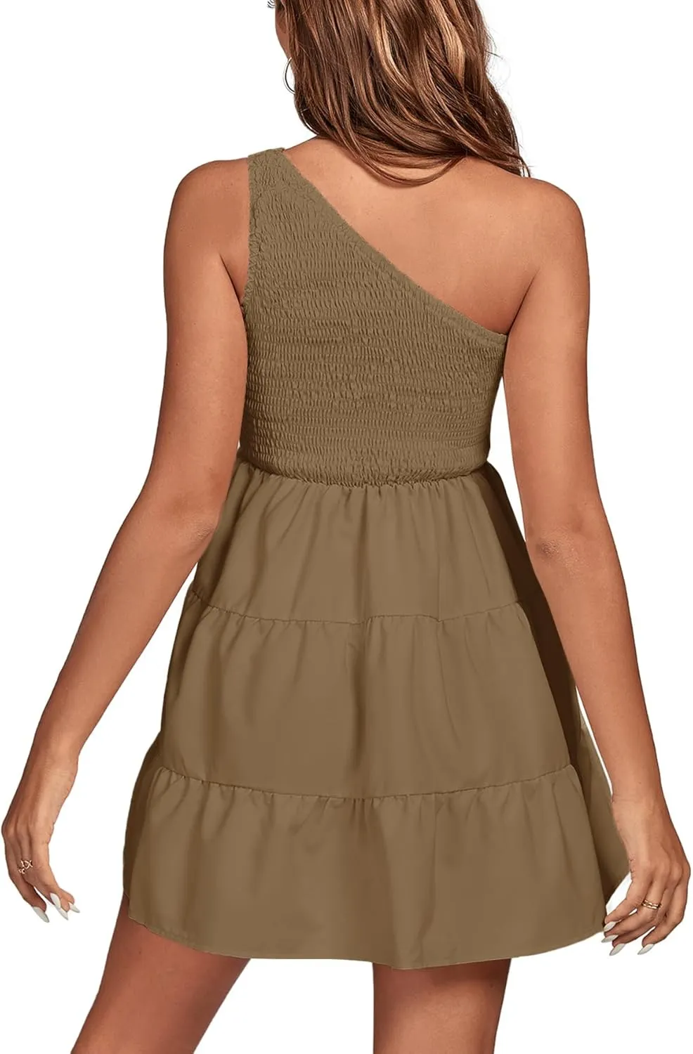 LYANER Women's One Shoulder Smocked Shirred Tiered Ruffle Sleeveless A-Line Mini Dress
