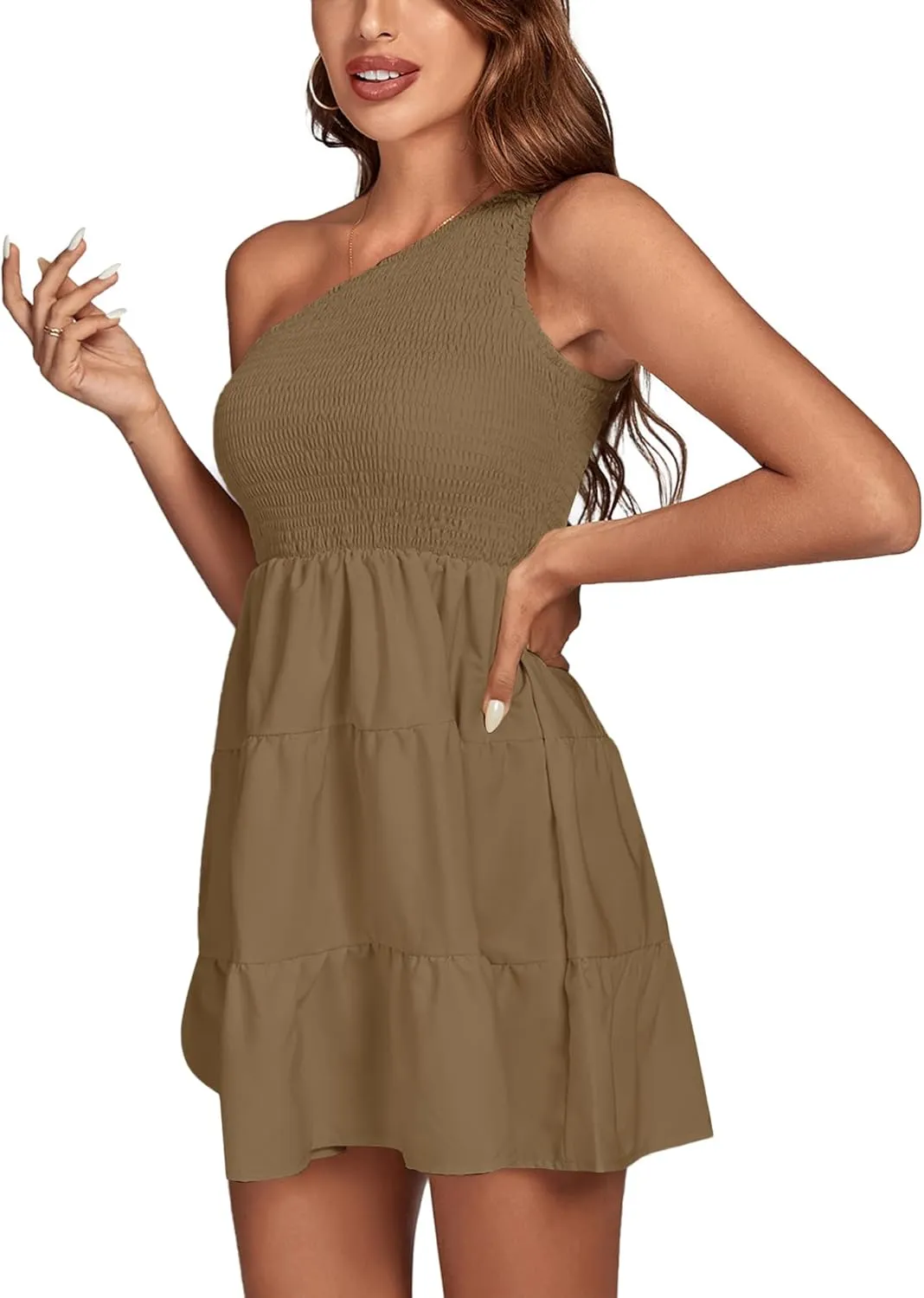 LYANER Women's One Shoulder Smocked Shirred Tiered Ruffle Sleeveless A-Line Mini Dress