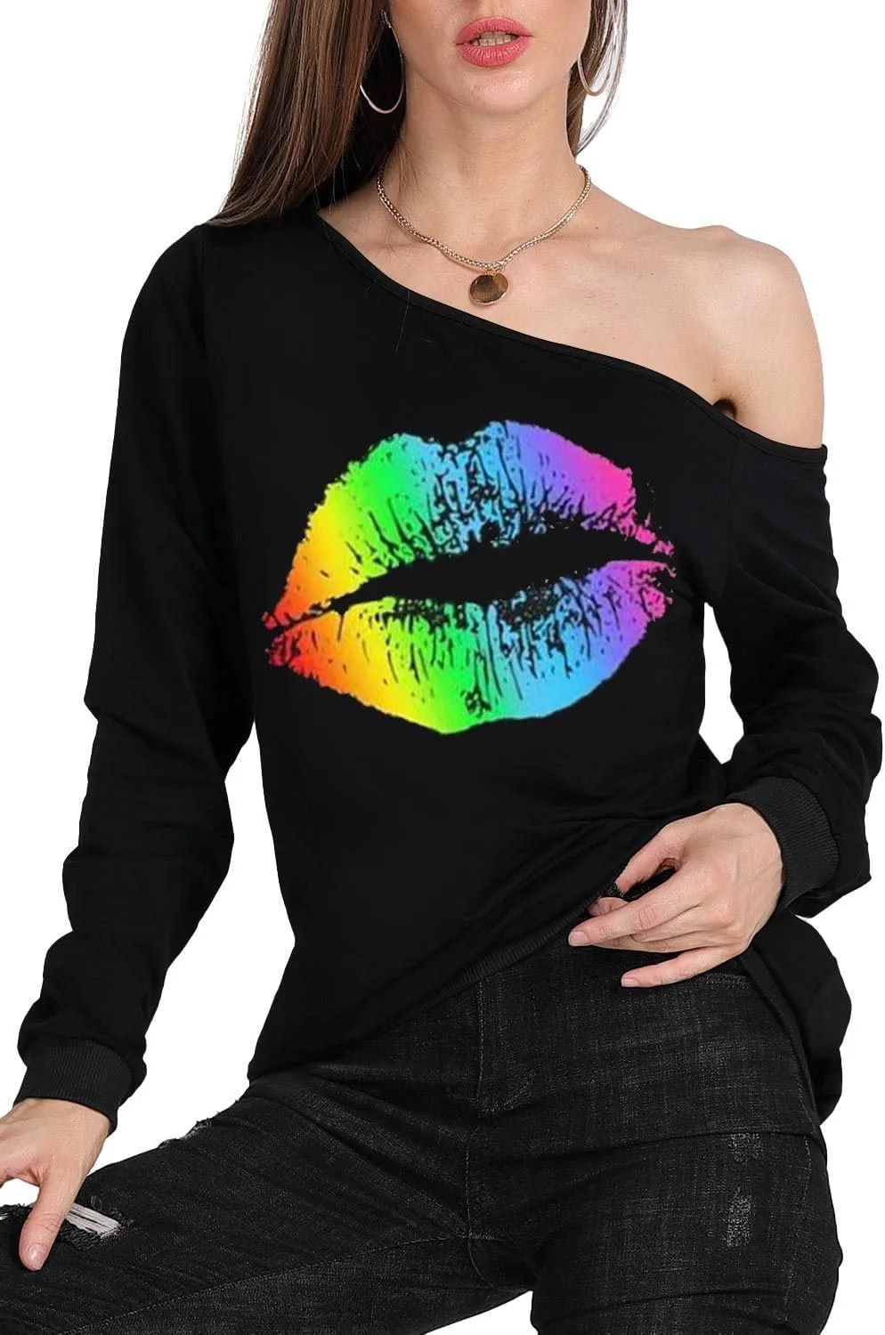 MAGICMK Woman’s Sweatershirt Lips Print Causal Blouse Off The Shoulder Long Sleeve Loose Slouchy Pullover Plus Size Tops