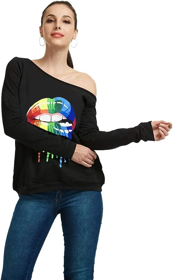 MAGICMK Woman’s Sweatershirt Lips Print Causal Blouse Off The Shoulder Long Sleeve Loose Slouchy Pullover Plus Size Tops