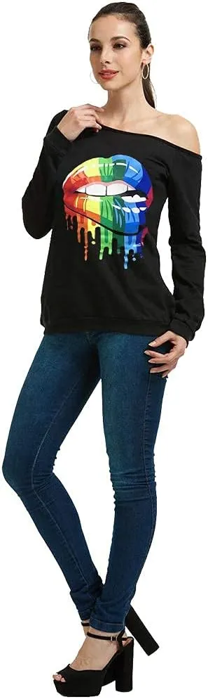 MAGICMK Woman’s Sweatershirt Lips Print Causal Blouse Off The Shoulder Long Sleeve Loose Slouchy Pullover Plus Size Tops