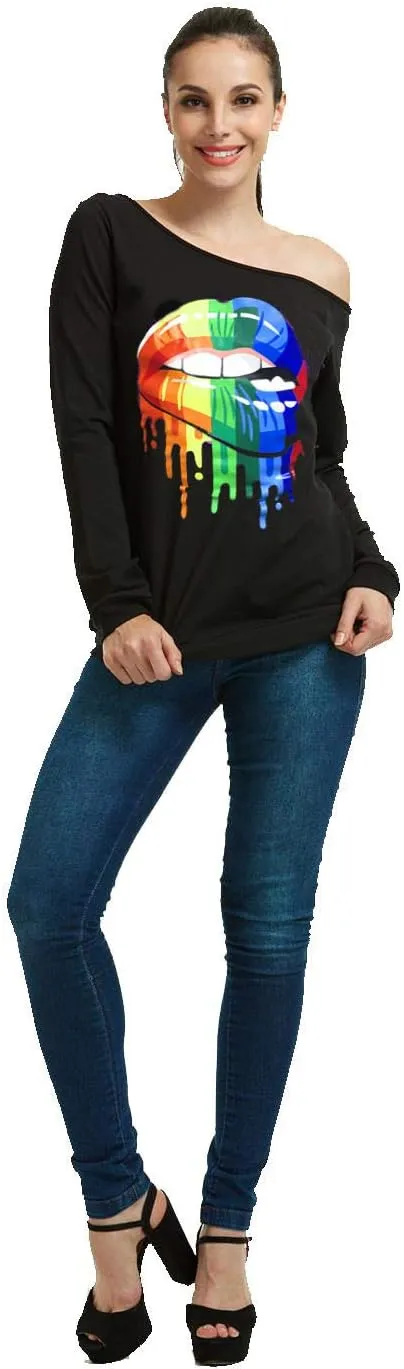 MAGICMK Woman’s Sweatershirt Lips Print Causal Blouse Off The Shoulder Long Sleeve Loose Slouchy Pullover Plus Size Tops