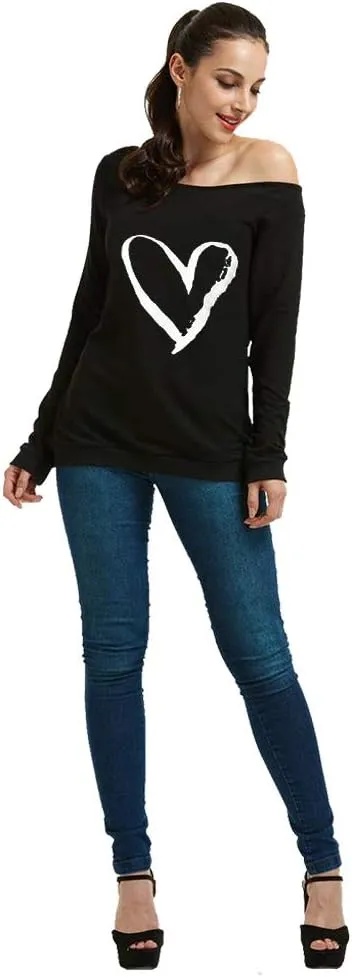 MAGICMK Woman’s Sweatershirt Lips Print Causal Blouse Off The Shoulder Long Sleeve Loose Slouchy Pullover Plus Size Tops