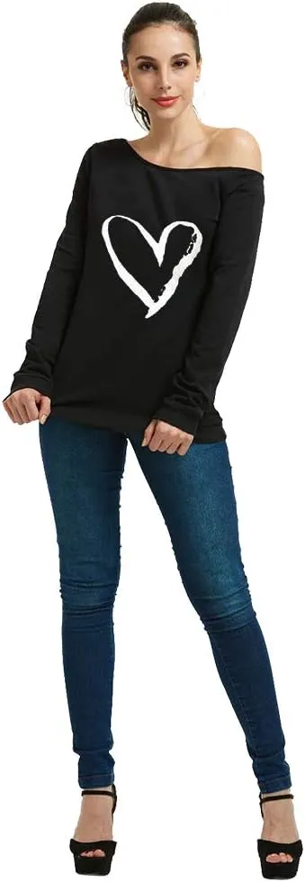 MAGICMK Woman’s Sweatershirt Lips Print Causal Blouse Off The Shoulder Long Sleeve Loose Slouchy Pullover Plus Size Tops