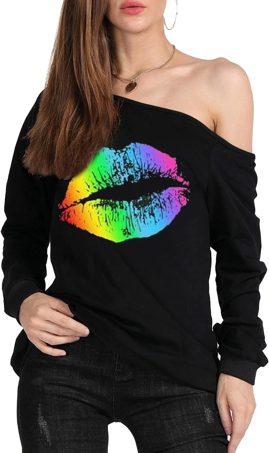 MAGICMK Woman’s Sweatershirt Lips Print Causal Blouse Off The Shoulder Long Sleeve Loose Slouchy Pullover Plus Size Tops