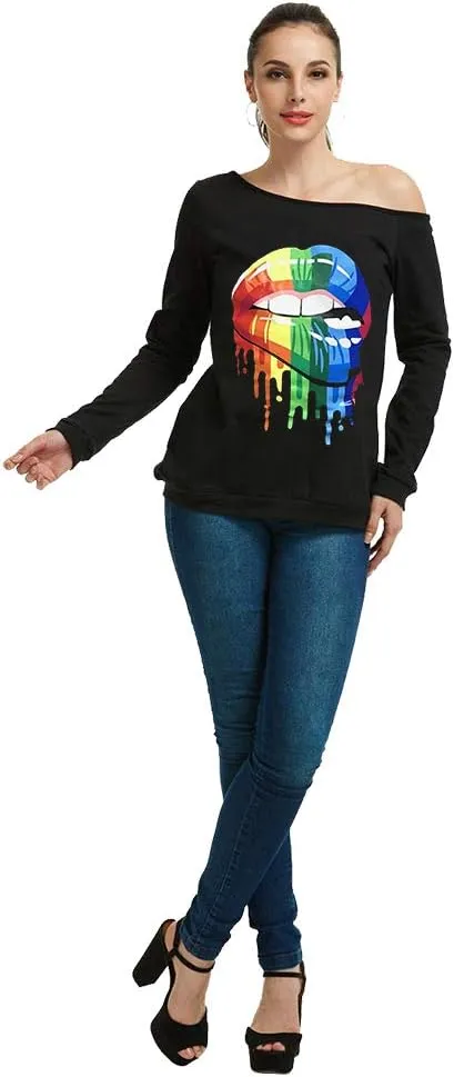 MAGICMK Woman’s Sweatershirt Lips Print Causal Blouse Off The Shoulder Long Sleeve Loose Slouchy Pullover Plus Size Tops