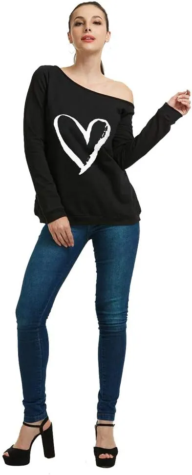 MAGICMK Woman’s Sweatershirt Lips Print Causal Blouse Off The Shoulder Long Sleeve Loose Slouchy Pullover Plus Size Tops