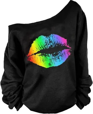 MAGICMK Woman’s Sweatershirt Lips Print Causal Blouse Off The Shoulder Long Sleeve Loose Slouchy Pullover Plus Size Tops