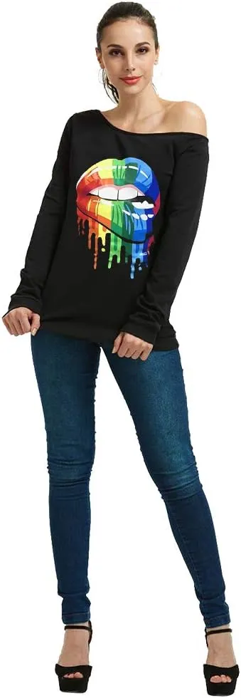 MAGICMK Woman’s Sweatershirt Lips Print Causal Blouse Off The Shoulder Long Sleeve Loose Slouchy Pullover Plus Size Tops