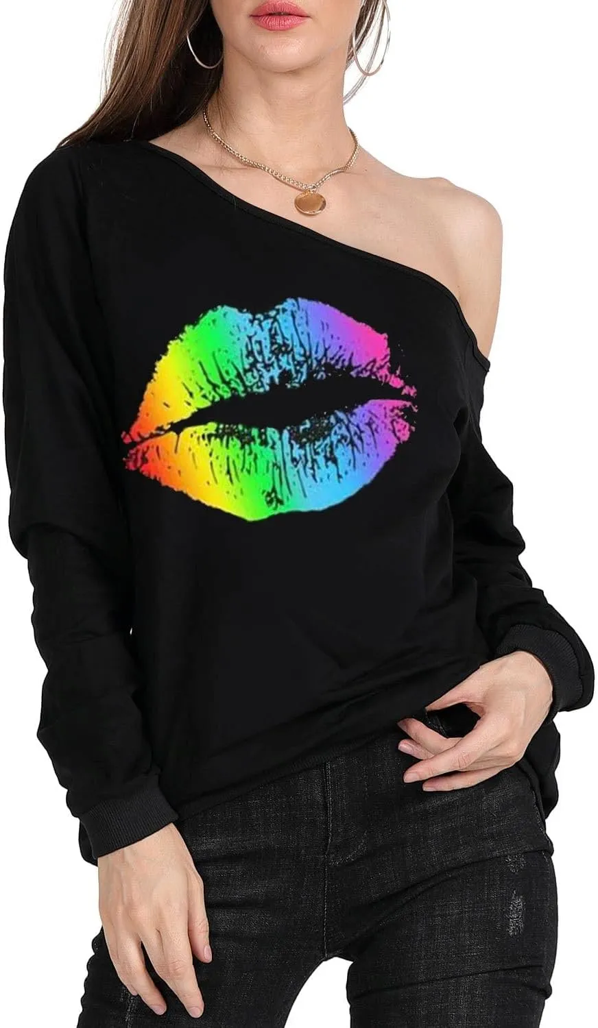 MAGICMK Woman’s Sweatershirt Lips Print Causal Blouse Off The Shoulder Long Sleeve Loose Slouchy Pullover Plus Size Tops