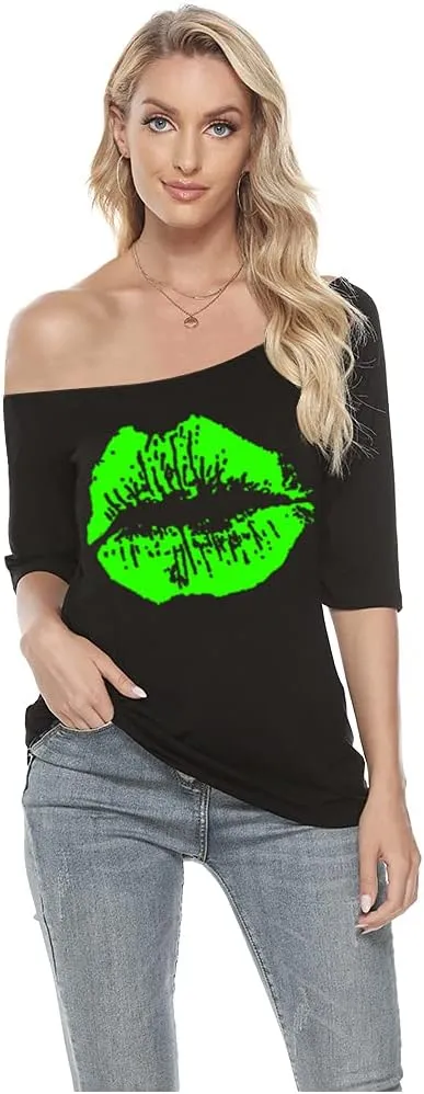MAGICMK Women Casual Plus Size Lips Print Off Shoulder T-Shirt Tops