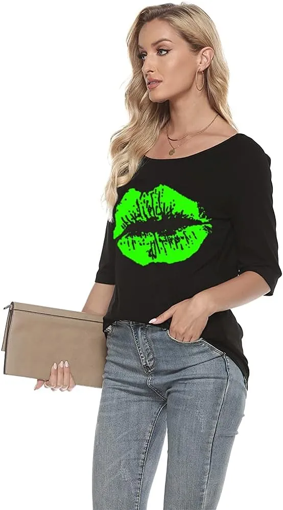MAGICMK Women Casual Plus Size Lips Print Off Shoulder T-Shirt Tops