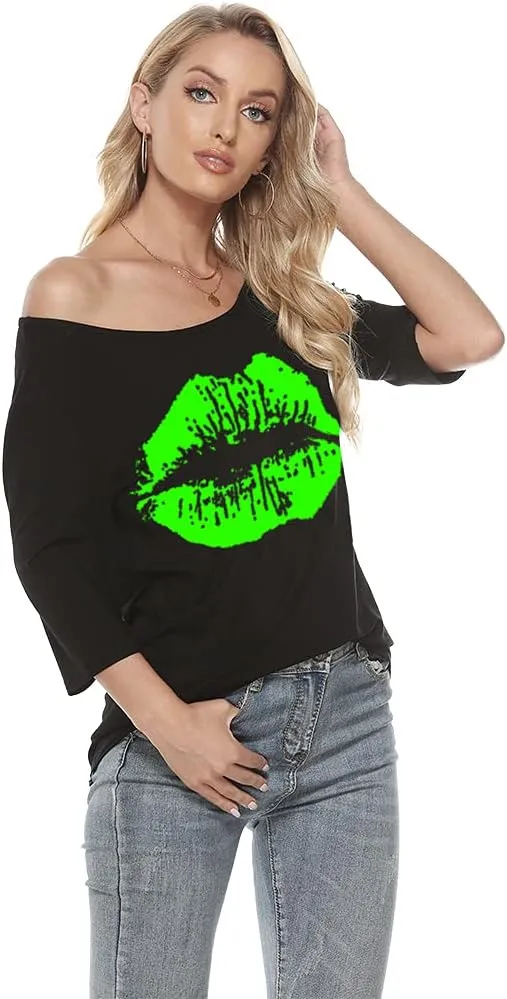 MAGICMK Women Casual Plus Size Lips Print Off Shoulder T-Shirt Tops