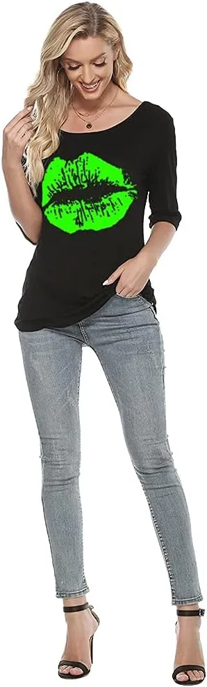MAGICMK Women Casual Plus Size Lips Print Off Shoulder T-Shirt Tops