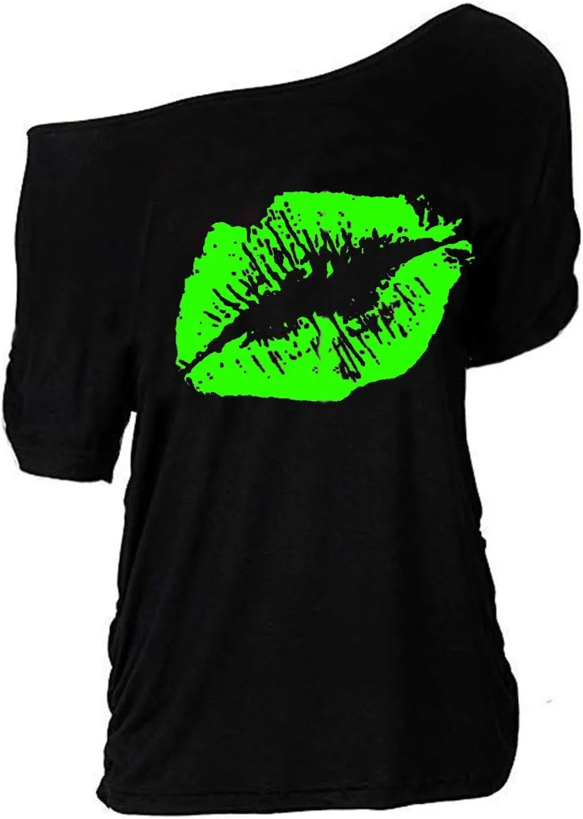MAGICMK Women Casual Plus Size Lips Print Off Shoulder T-Shirt Tops