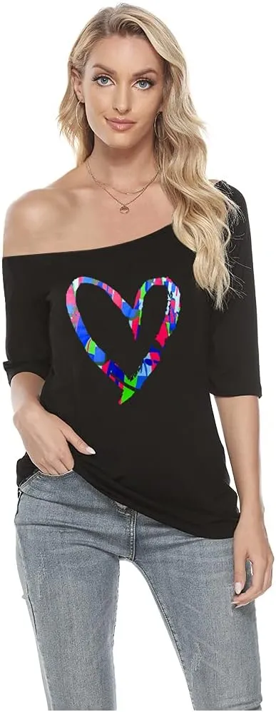 MAGICMK Women Casual Plus Size Lips Print Off Shoulder T-Shirt Tops