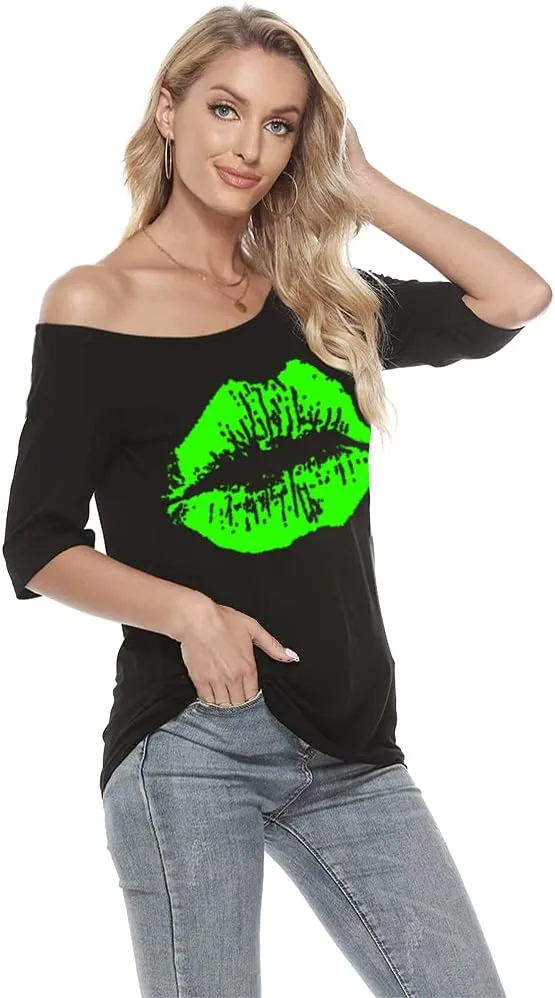 MAGICMK Women Casual Plus Size Lips Print Off Shoulder T-Shirt Tops