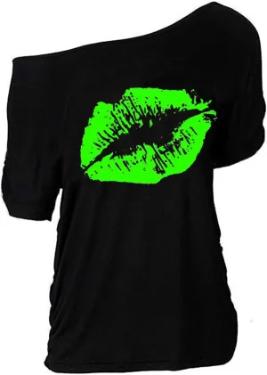 MAGICMK Women Casual Plus Size Lips Print Off Shoulder T-Shirt Tops