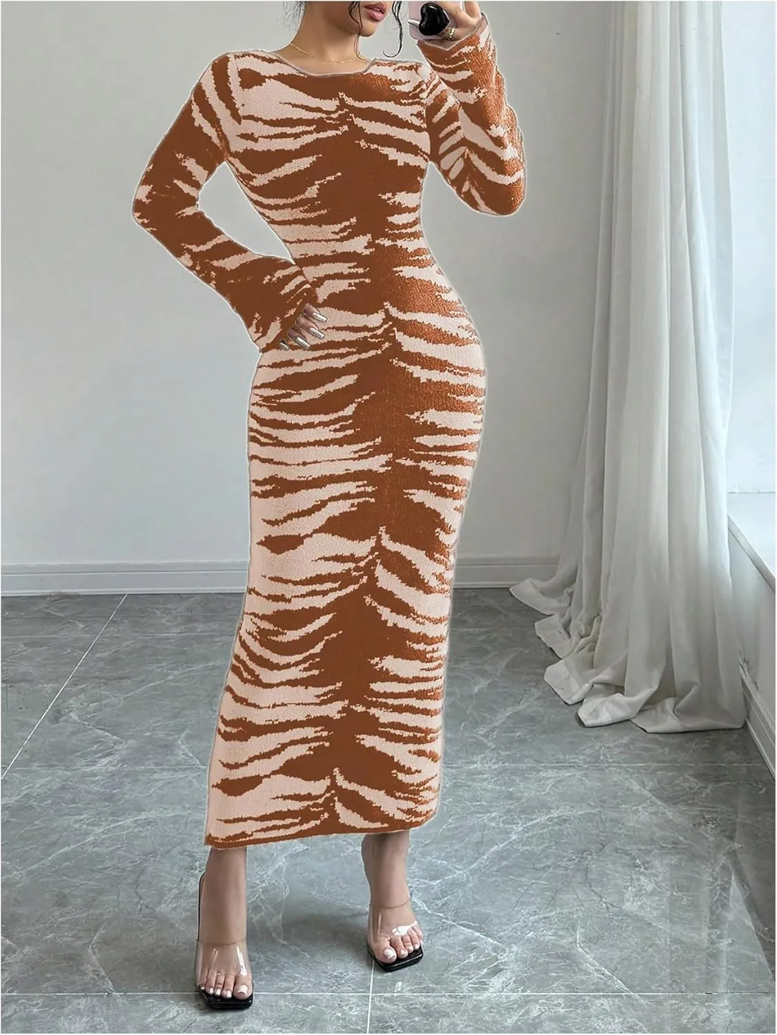 MakeMeChic Women's Leopard Print Sweater Dress Bell Sleeve Lace Up Bodycon Maxi Dresses
