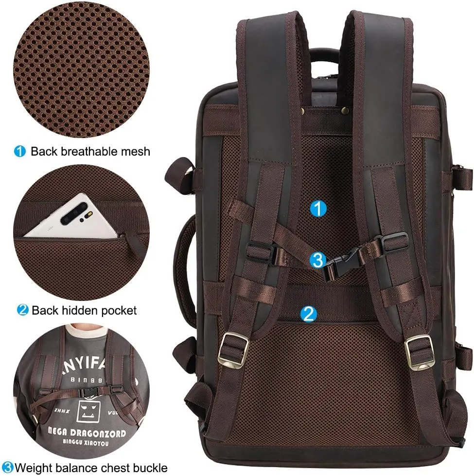 Masa Kawa Leather 15.6 Inch Laptop Backpack for Men Expandable 36L Business Travel Rucksack Daypack Weekender Bag