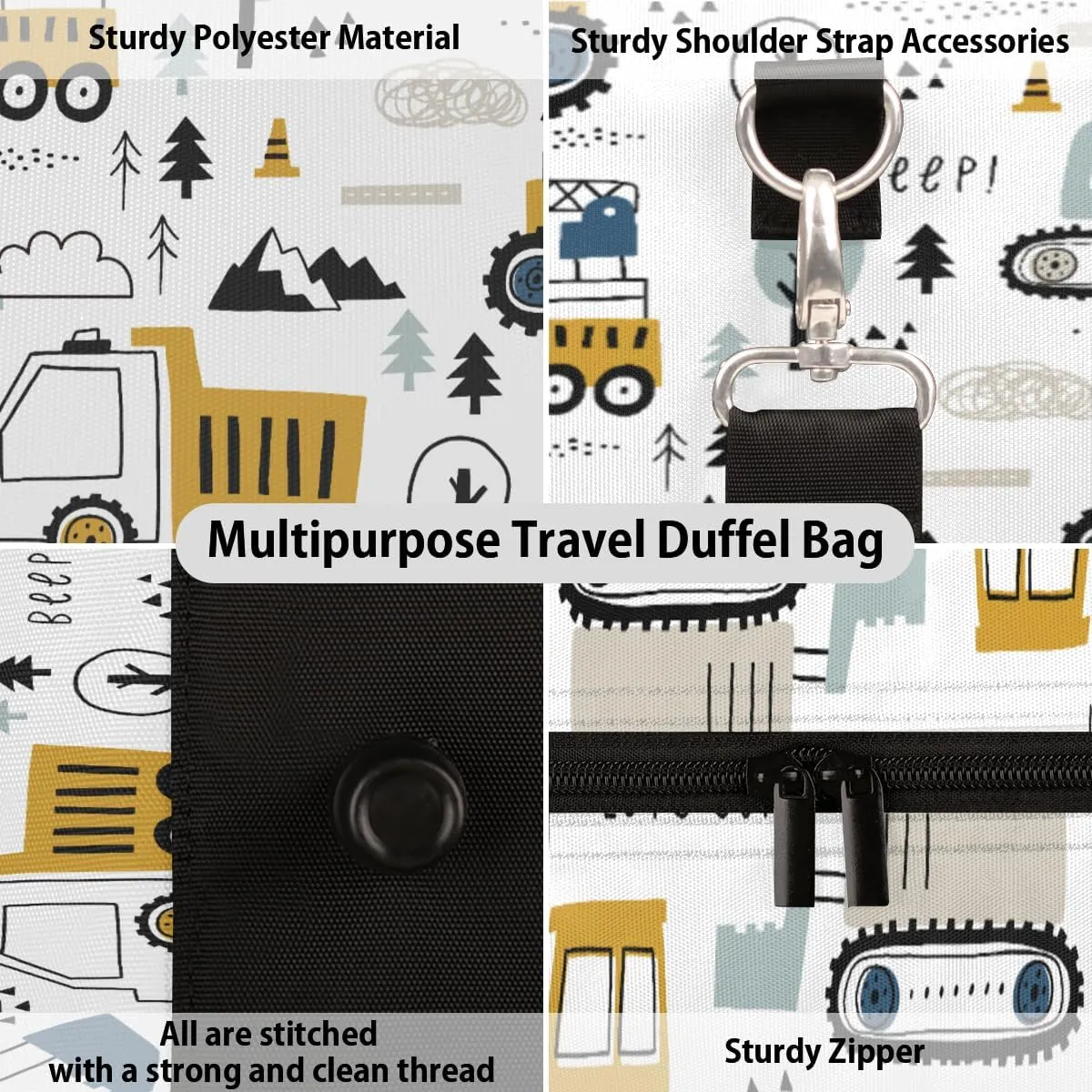 Mechanical Truck Excavator Travel Duffle Bag for Women Men Gym Duffel Foldable Bag Waterproof Weekender Car Truck Duffle Tote