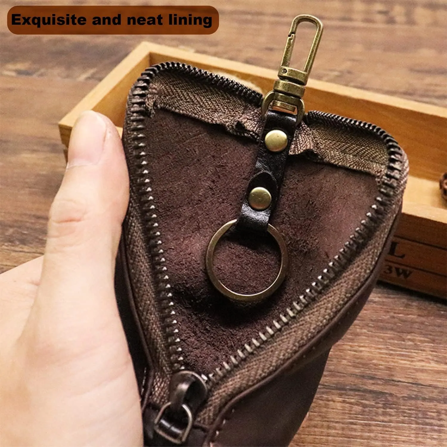 Medieval Leather Zipper Coin Pouch - Genuine Cowhide, Handcrafted，Coin Organizer, Change Holder，Keychain Coin Purse for Men & Women (Yellowish brown)