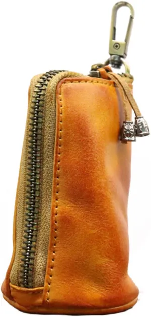 Medieval Leather Zipper Coin Pouch - Genuine Cowhide, Handcrafted，Coin Organizer, Change Holder，Keychain Coin Purse for Men & Women (Yellowish brown)