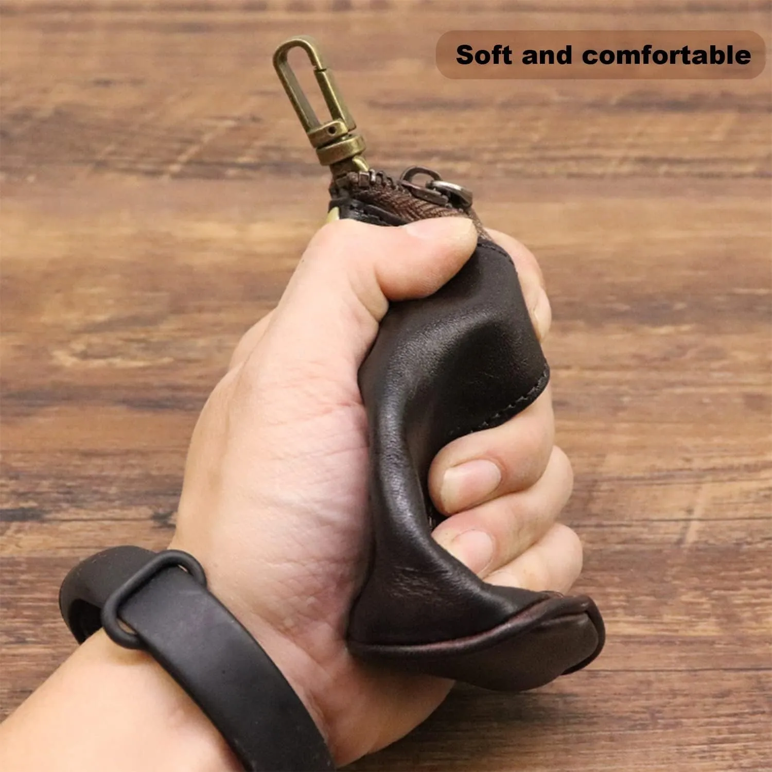 Medieval Leather Zipper Coin Pouch - Genuine Cowhide, Handcrafted，Coin Organizer, Change Holder，Keychain Coin Purse for Men & Women (Yellowish brown)