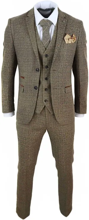 Mens 3 Piece Suit Tweed Check Vintage Retro Tailored Fit 1920s