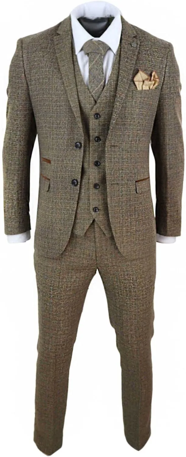 Mens 3 Piece Suit Tweed Check Vintage Retro Tailored Fit 1920s