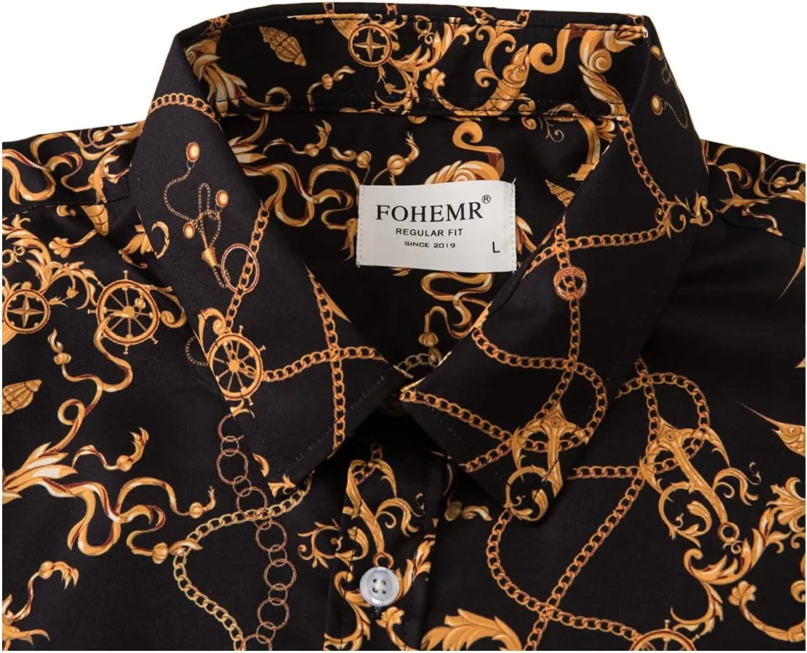 Mens Luxury Dress Shirts Baroque Gold Chain Print Casual Long Sleeve Button Down Buchona Shirt for Party