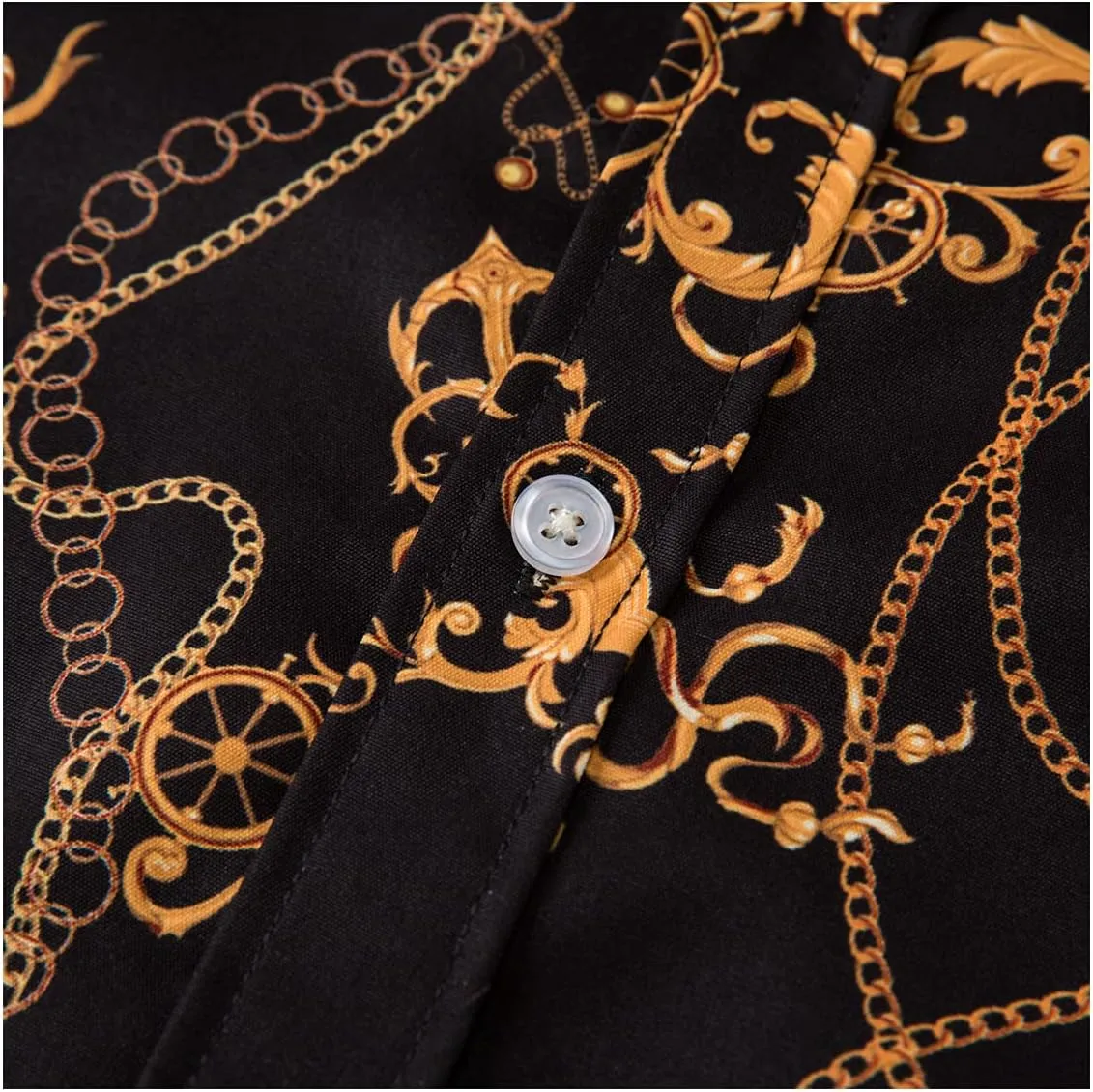 Mens Luxury Dress Shirts Baroque Gold Chain Print Casual Long Sleeve Button Down Buchona Shirt for Party
