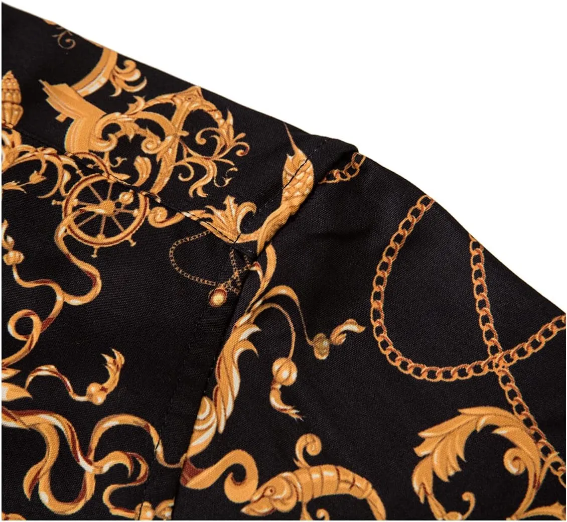 Mens Luxury Dress Shirts Baroque Gold Chain Print Casual Long Sleeve Button Down Buchona Shirt for Party