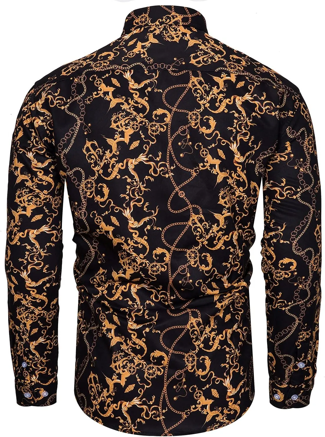 Mens Luxury Dress Shirts Baroque Gold Chain Print Casual Long Sleeve Button Down Buchona Shirt for Party