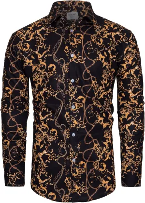 Mens Luxury Dress Shirts Baroque Gold Chain Print Casual Long Sleeve Button Down Buchona Shirt for Party