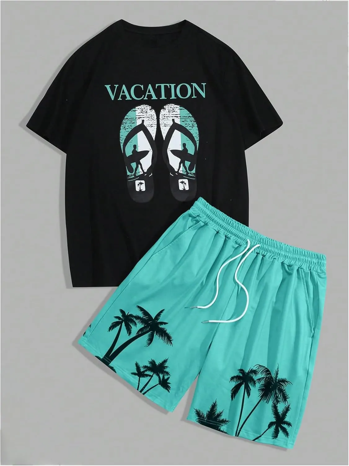 Men's Plus Size 2 Piece Outfit Tropical Print Crew Neck Short Sleeve T Shirt and Shorts Beach Set