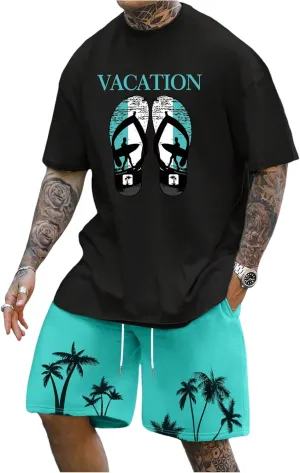 Men's Plus Size 2 Piece Outfit Tropical Print Crew Neck Short Sleeve T Shirt and Shorts Beach Set