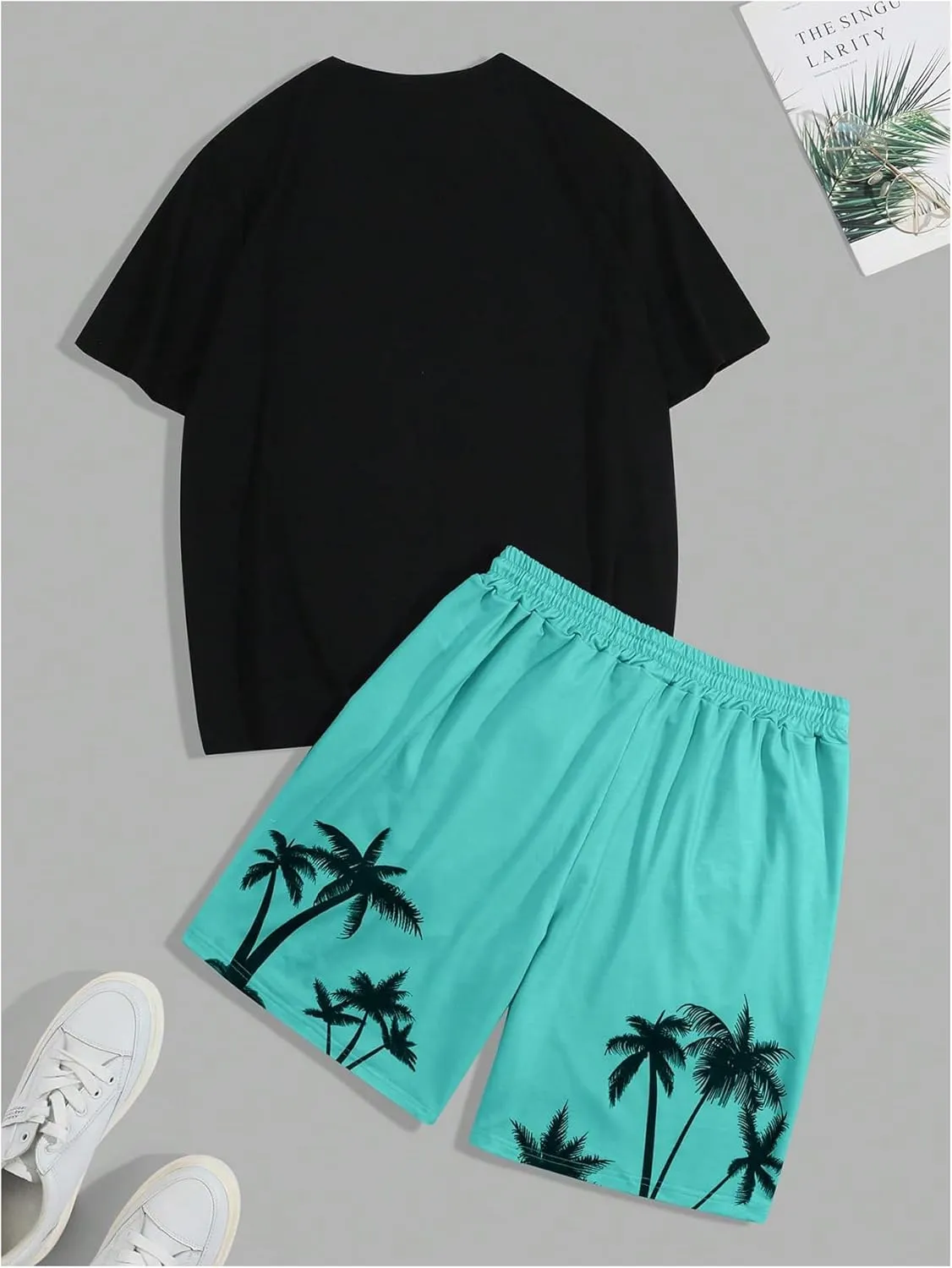 Men's Plus Size 2 Piece Outfit Tropical Print Crew Neck Short Sleeve T Shirt and Shorts Beach Set