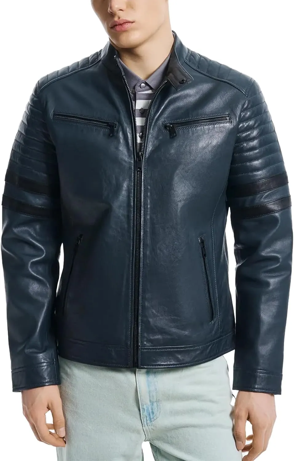 Men's Premium Cafe Racer Motorcycle Genuine Leather Retro Style Biker Jacket - Leather Jackets for Men