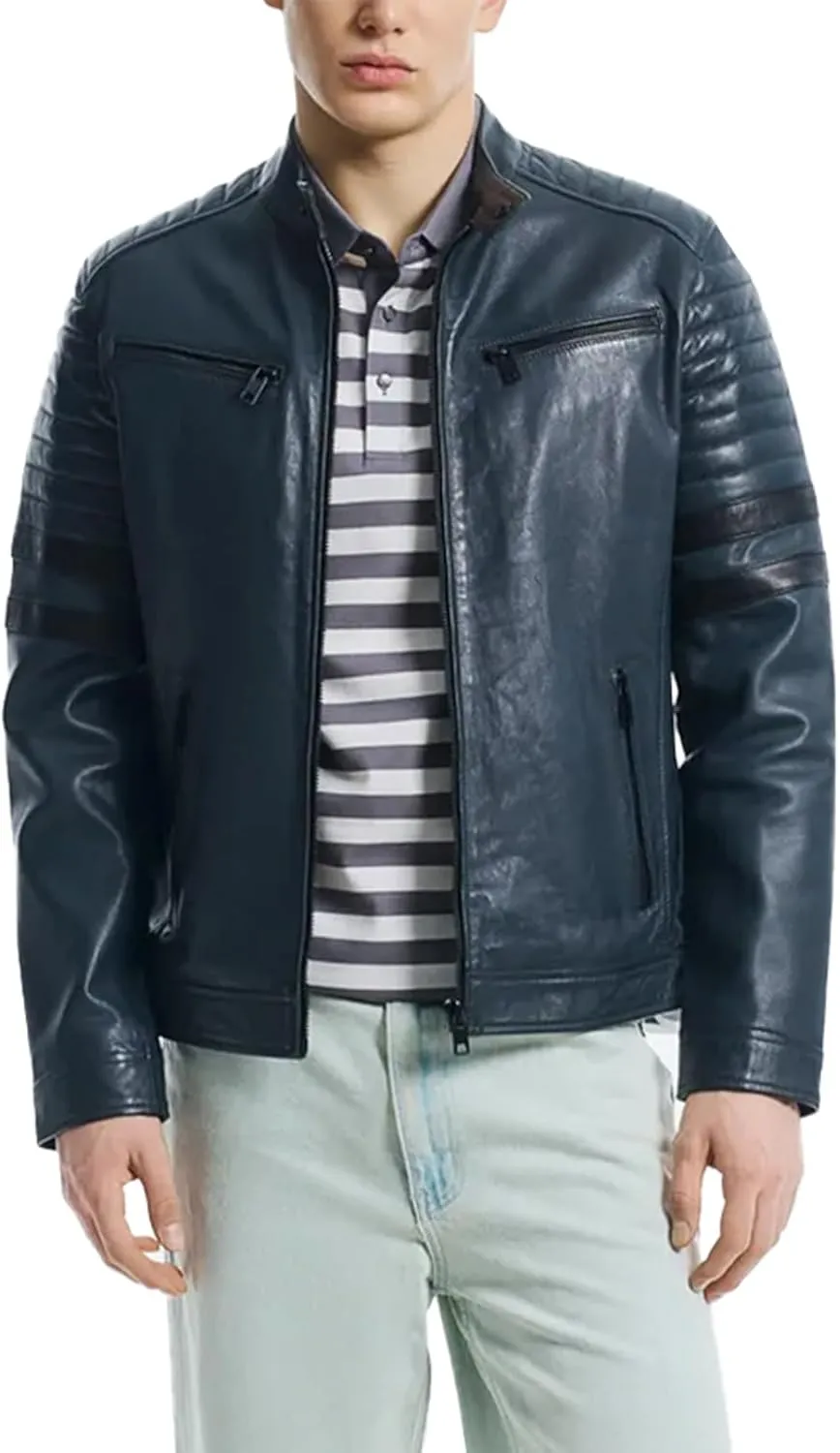 Men's Premium Cafe Racer Motorcycle Genuine Leather Retro Style Biker Jacket - Leather Jackets for Men