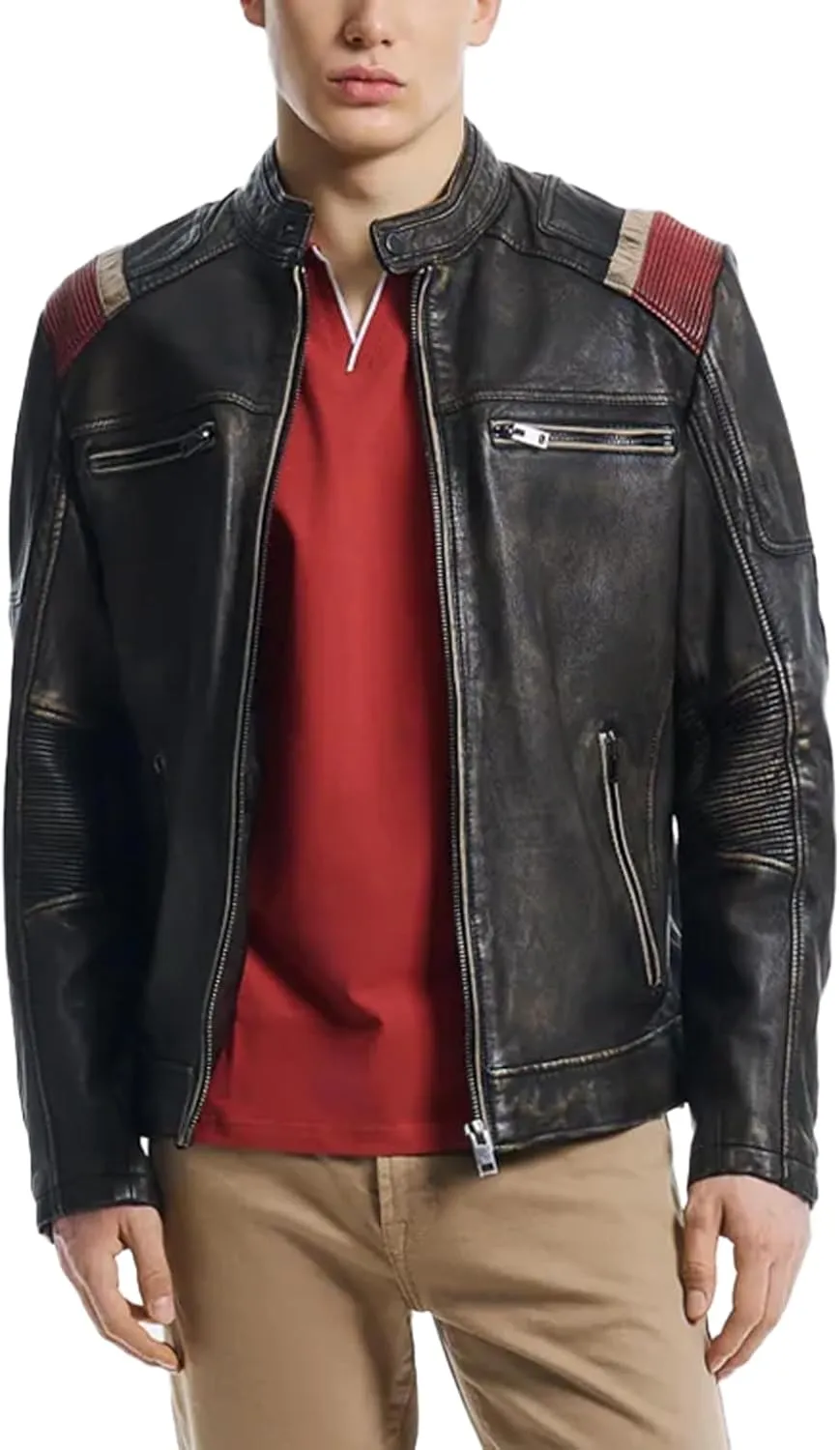 Men's Premium Cafe Racer Motorcycle Genuine Leather Retro Style Biker Jacket - Leather Jackets for Men