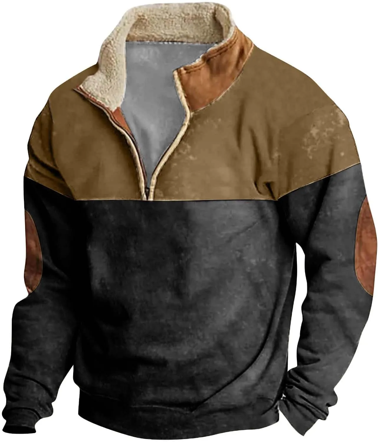 Men's Quarter Zipper Sherpa Sweatshirts 2025 Thermal Warm Sweater 1/4 Zip Stand Collar Cowboy Print Tactical Jacket