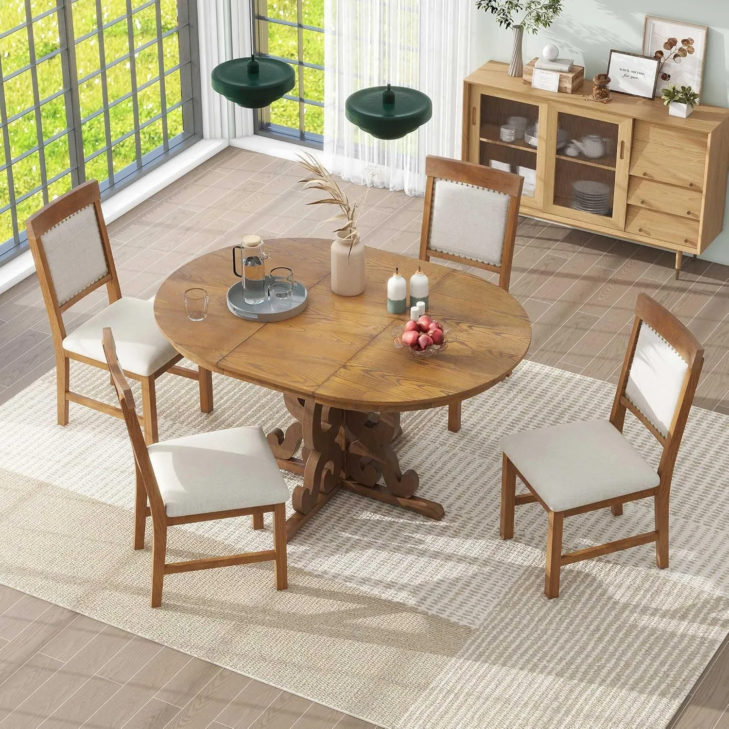 Merax Extendable Dining Table Set for 4-6 People, Farmhouse Kitchen Table Set with 4 Upholstered Chairs, Solid Wood Table and Chairs Set for Kitchen, Dining Room, Small Space, Walnut