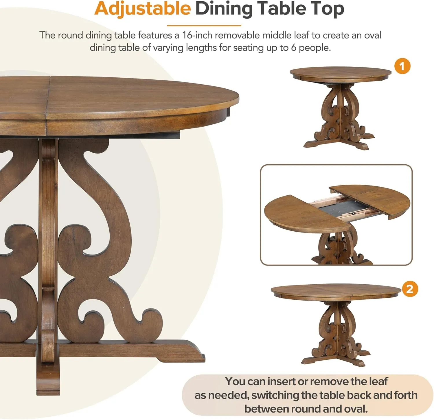 Merax Extendable Dining Table Set for 4-6 People, Farmhouse Kitchen Table Set with 4 Upholstered Chairs, Solid Wood Table and Chairs Set for Kitchen, Dining Room, Small Space, Walnut