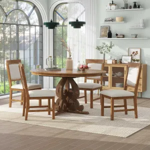 Merax Extendable Dining Table Set for 4-6 People, Farmhouse Kitchen Table Set with 4 Upholstered Chairs, Solid Wood Table and Chairs Set for Kitchen, Dining Room, Small Space, Walnut