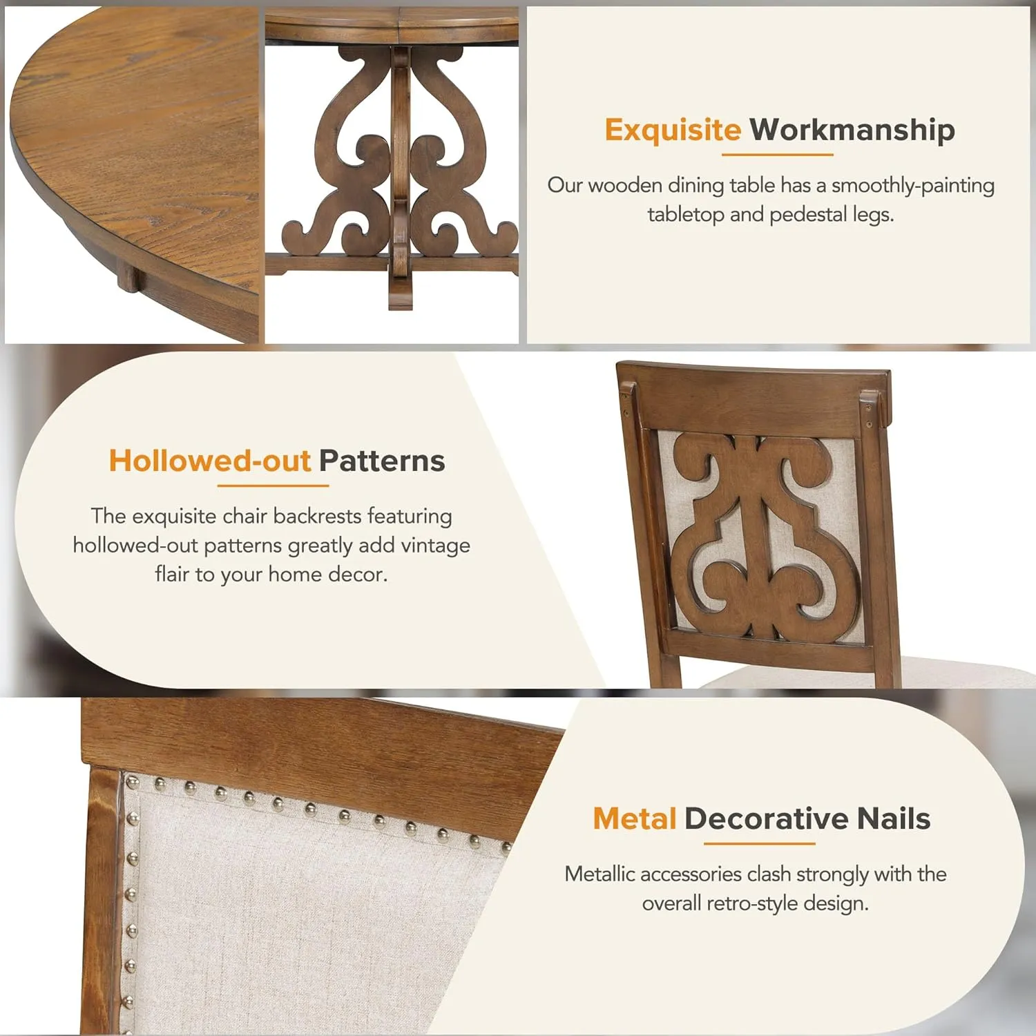 Merax Extendable Dining Table Set for 4-6 People, Farmhouse Kitchen Table Set with 4 Upholstered Chairs, Solid Wood Table and Chairs Set for Kitchen, Dining Room, Small Space, Walnut