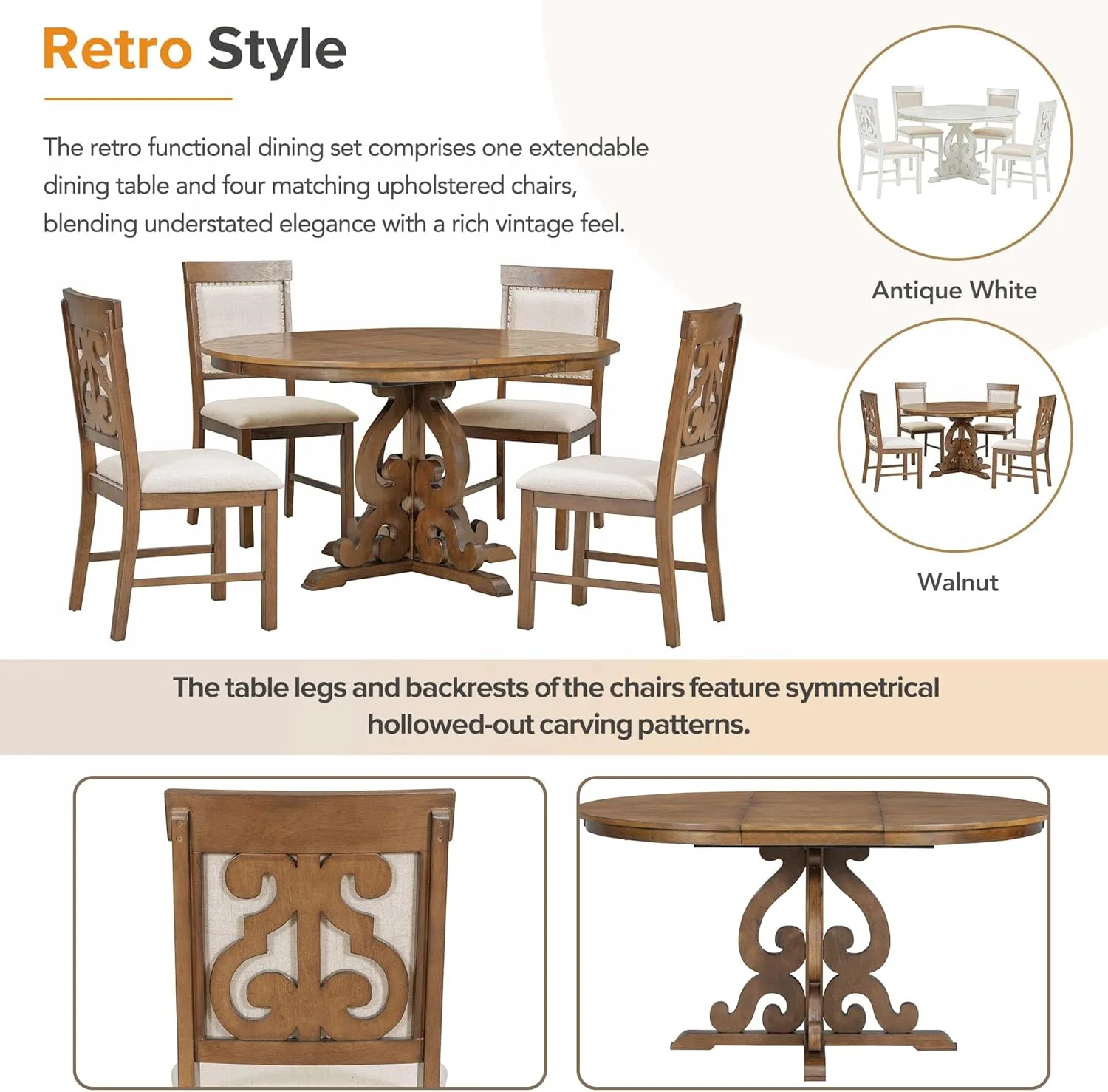 Merax Extendable Dining Table Set for 4-6 People, Farmhouse Kitchen Table Set with 4 Upholstered Chairs, Solid Wood Table and Chairs Set for Kitchen, Dining Room, Small Space, Walnut