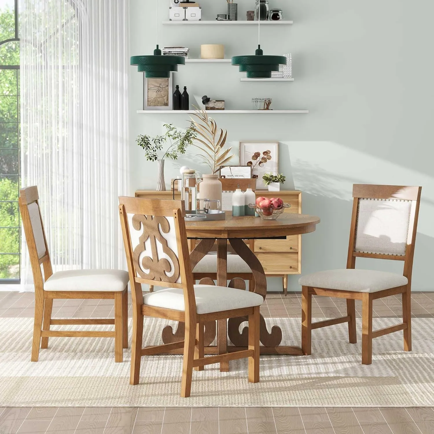 Merax Extendable Dining Table Set for 4-6 People, Farmhouse Kitchen Table Set with 4 Upholstered Chairs, Solid Wood Table and Chairs Set for Kitchen, Dining Room, Small Space, Walnut