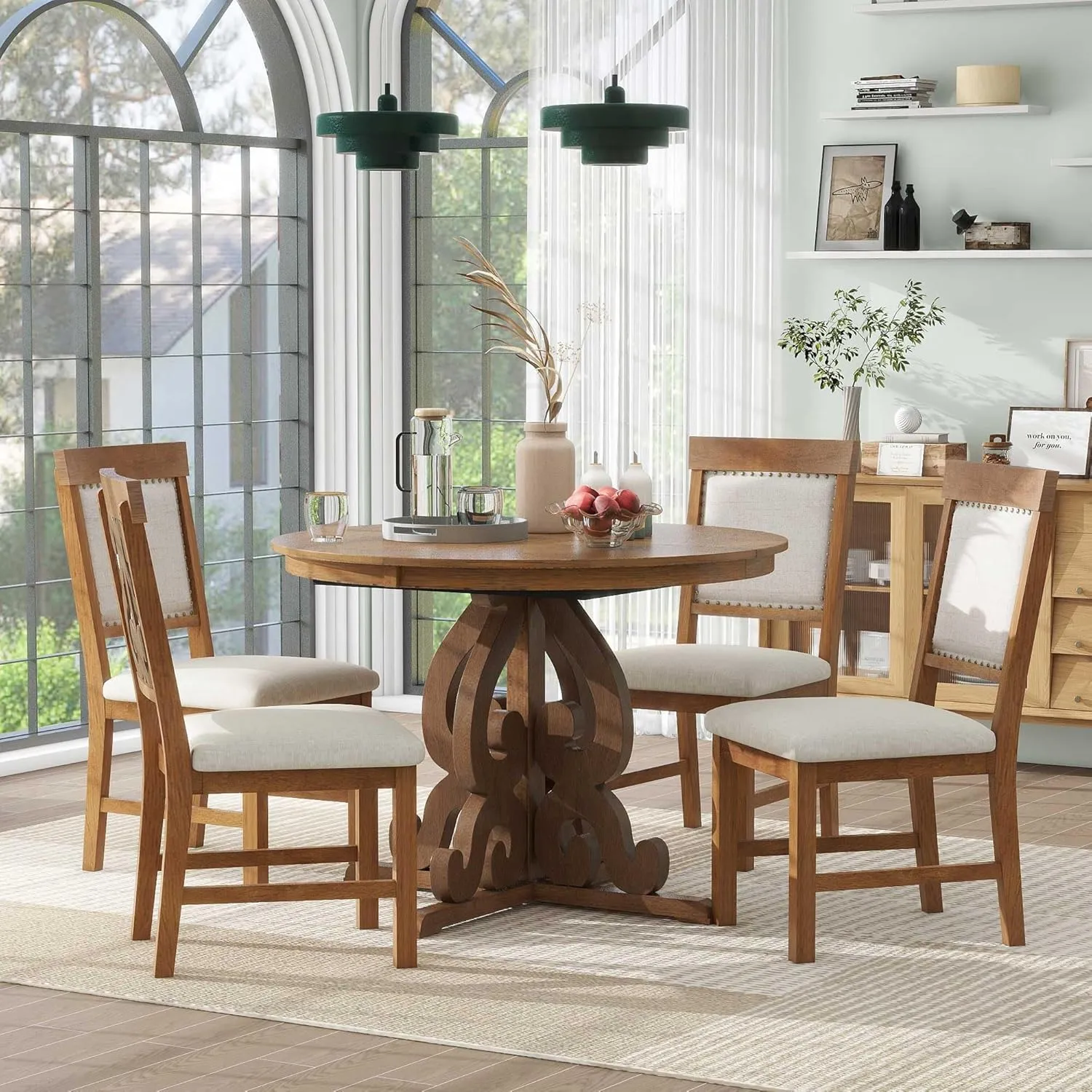 Merax Extendable Dining Table Set for 4-6 People, Farmhouse Kitchen Table Set with 4 Upholstered Chairs, Solid Wood Table and Chairs Set for Kitchen, Dining Room, Small Space, Walnut